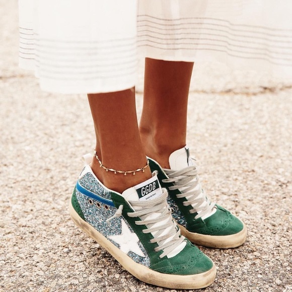 Golden Goose Shoes - Golden Goose Green White Glitter Low-Top Sneakers